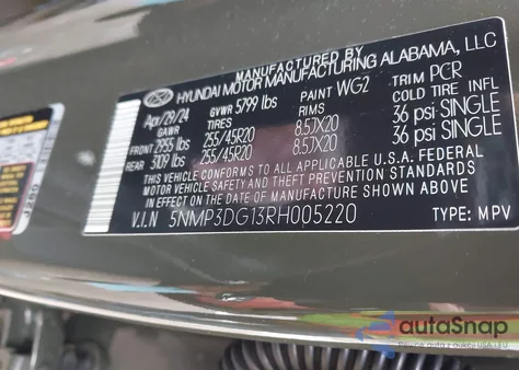 2024 Hyundai Santa Fe Hybrid Limited из США, поврежденный, VIN 5NMP3DG13RH005220